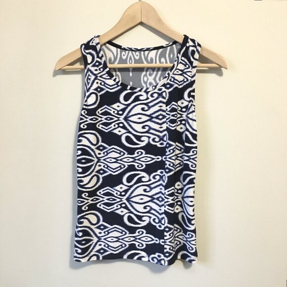 Tribal Print Navy Blue and White Stretchy Tank Top - Picture 1 of 11